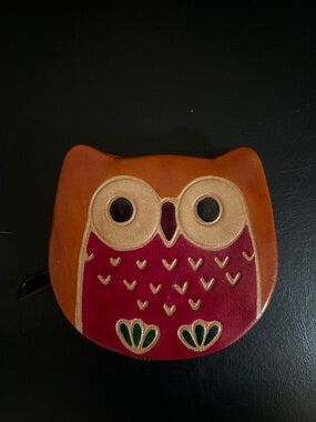Owl Shaped Leather Coin Purse in Brown and Burgundy